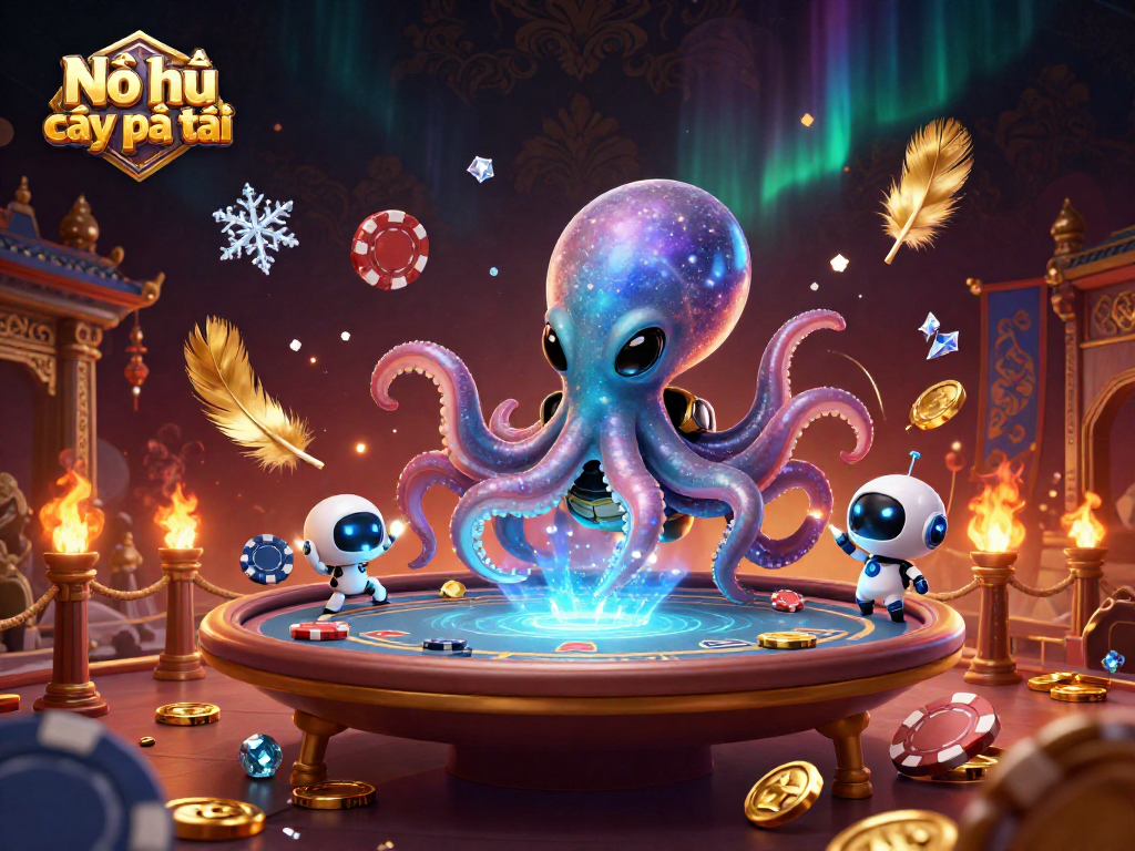 Nổ hũ cây phát tài features an alien octopus playing poker, enhanced with shimmering visual effects.