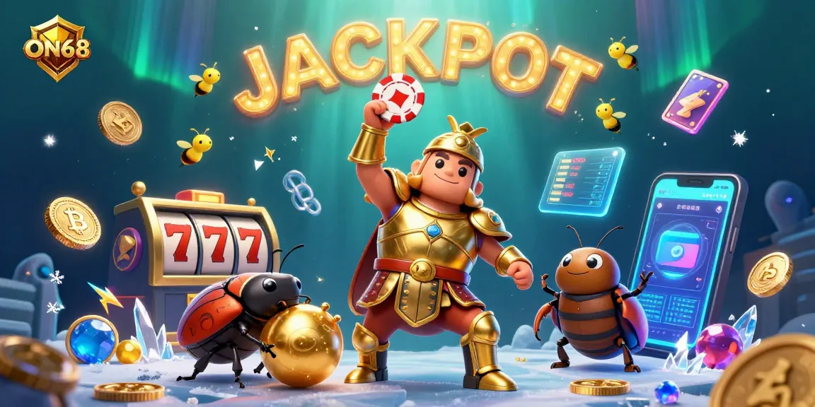 Experience the thrill of ON68 with a vibrant 3D scene showcasing a victorious beetle and dynamic casino elements.