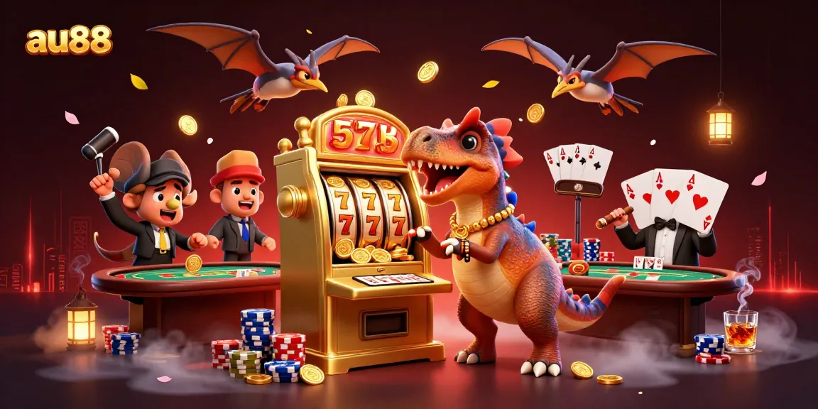 Experience the thrilling jackpot moment at au88 with a dinosaur-inspired casino scene.