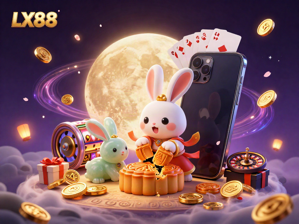 Engage with the rich casino experience at LX88, featuring a lively moon rabbit scene with poker chips, slot games, and festive elements.