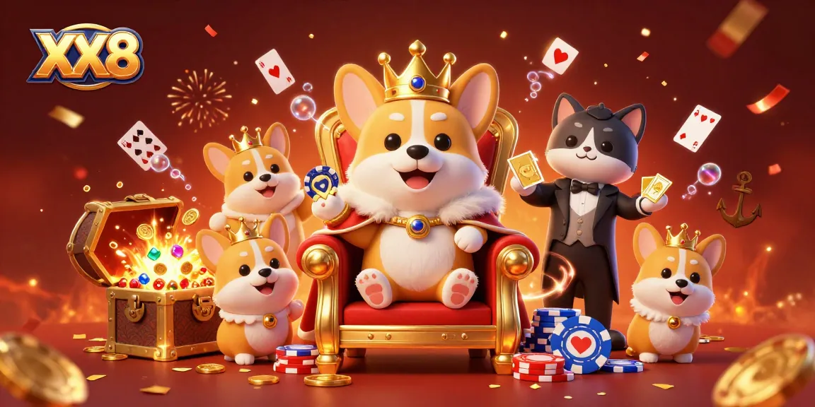 Experience exhilarating gaming at XX8 with a royal corgi on its poker chip throne.