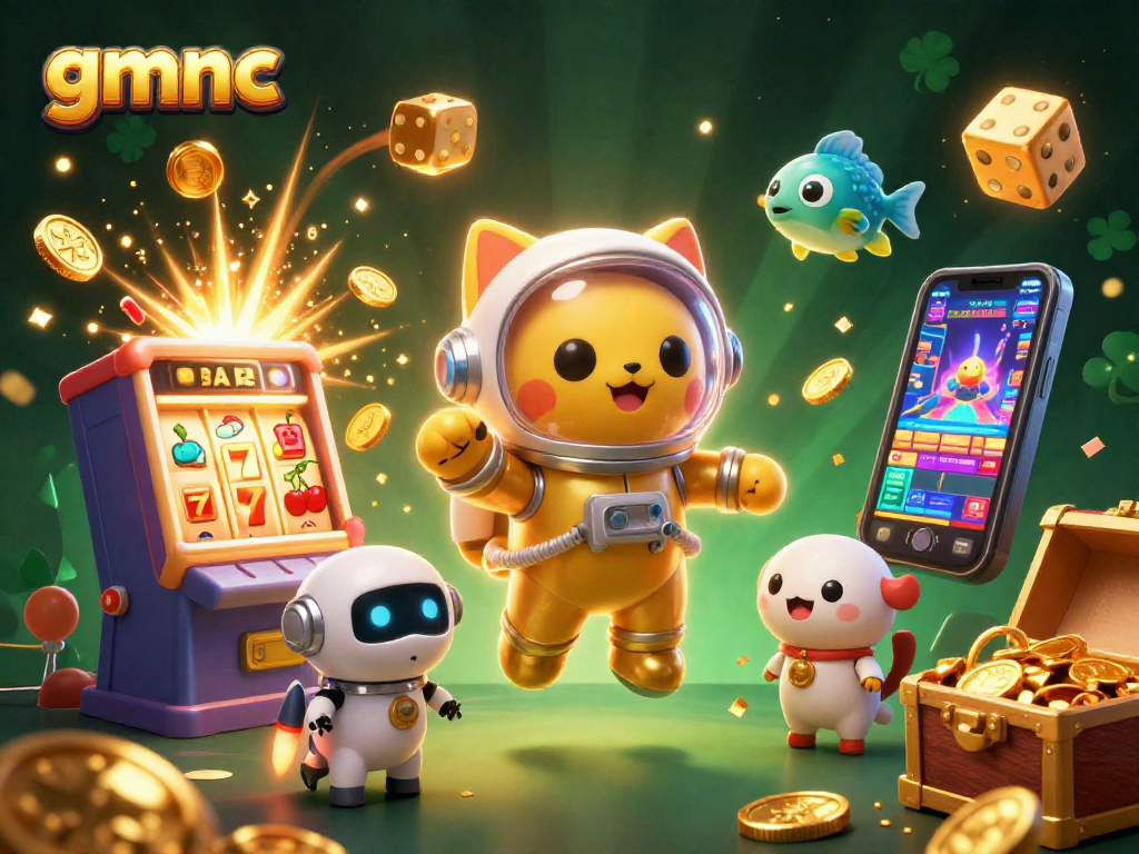 Experience the thrills of gmnc with a vibrant 3D cosmic casino scene filled with slot machine excitement.