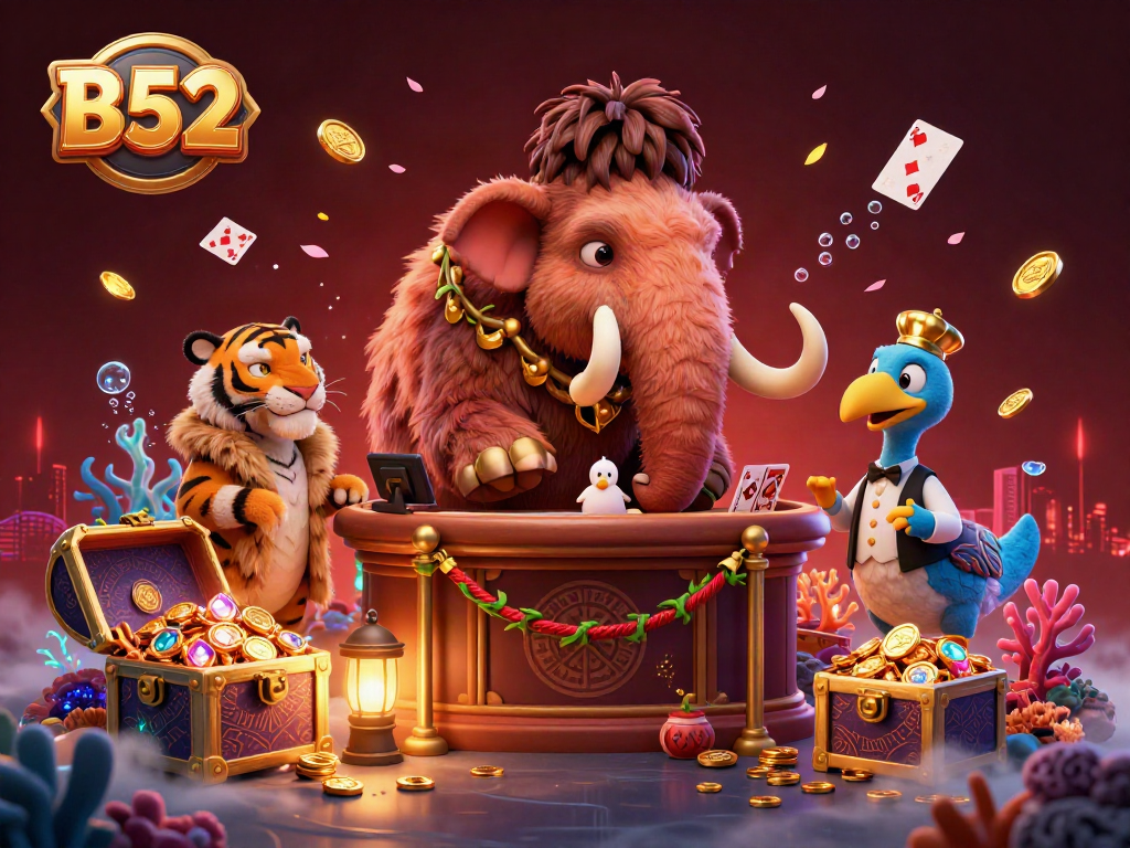 B52 themed casino scene with a woolly mammoth bouncer, saber-tooth VIP guest, and dodo doorman, surrounded by treasure and vibrant decorations.