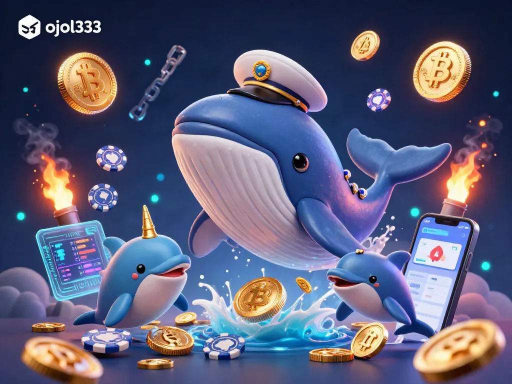 Win big with ojol333 in this vibrant casino game scene featuring playful dolphins and a breaching whale.