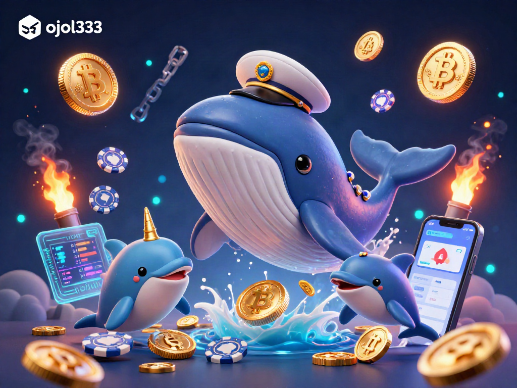 Win big with ojol333 in this vibrant casino game scene featuring playful dolphins and a breaching whale.