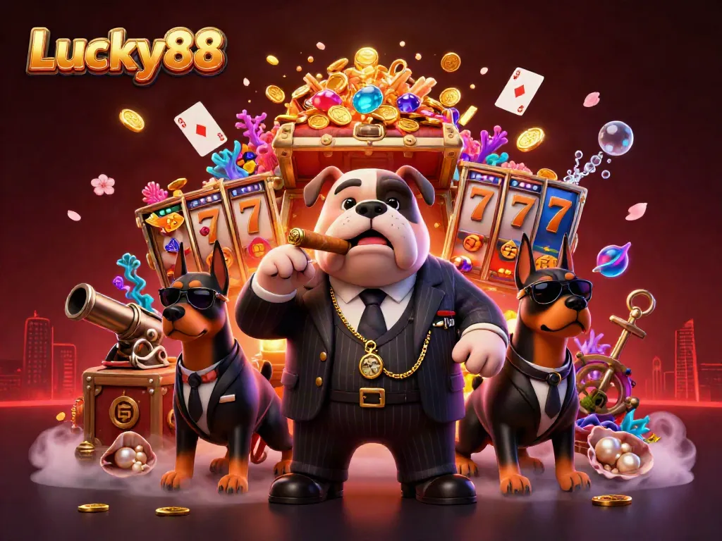 Engage with Lucky88’s thrilling gameplay featuring cartoon mafia characters amidst vibrant slots and treasures.