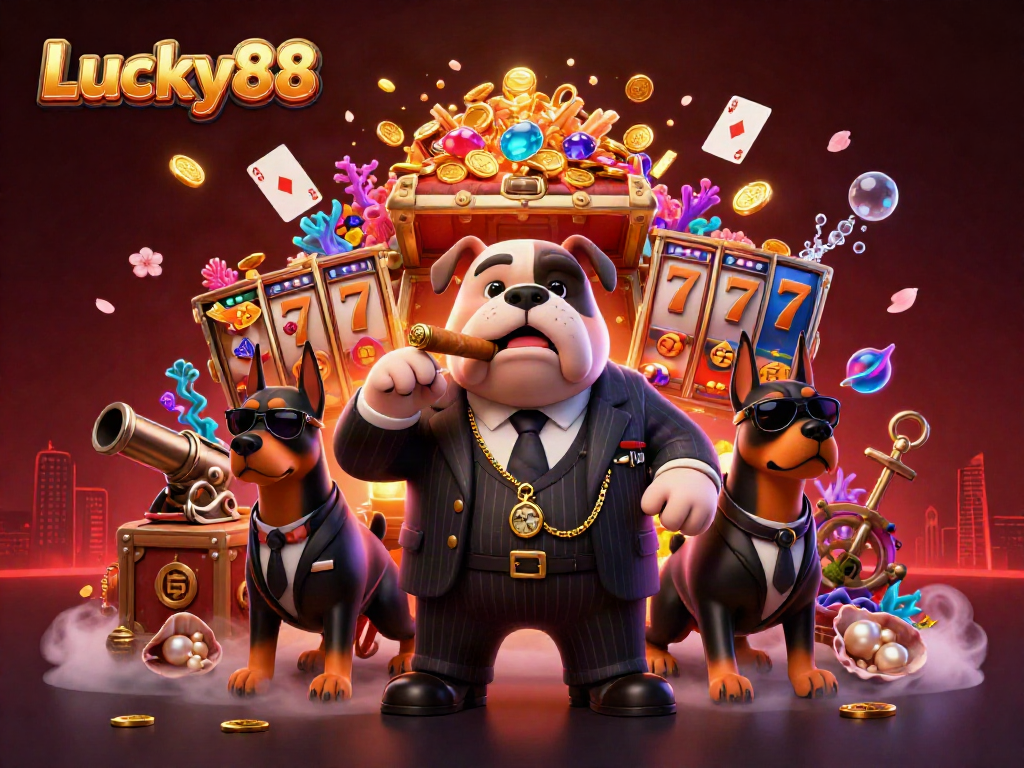 Engage with Lucky88’s thrilling gameplay featuring cartoon mafia characters amidst vibrant slots and treasures.