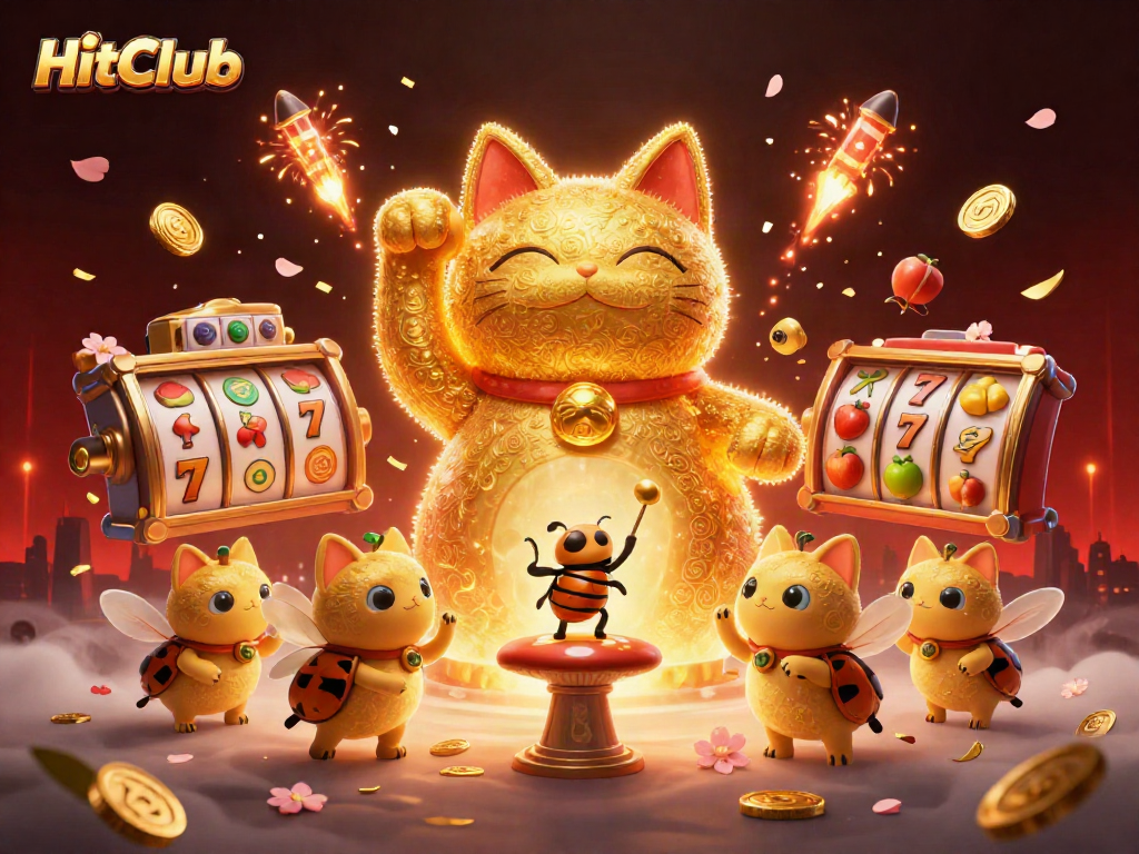 HitClub promotes excitement with a vibrant lucky cat illustration amidst dynamic casino elements.