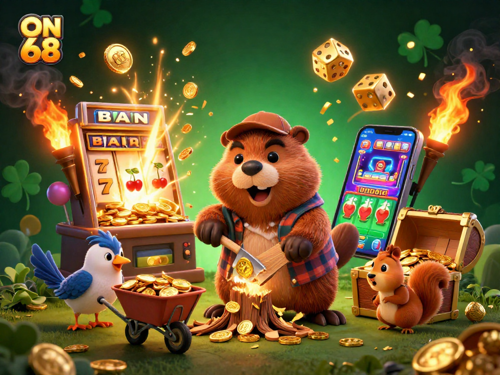 Engage in thrilling gaming on ON 68 with a lively scene of characters and casino elements.