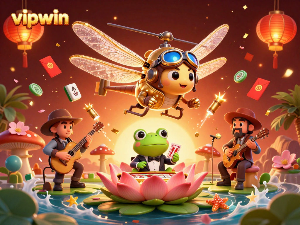 Win big at vipwin as a dragonfly pilot and a frog dealer create a vibrant casino scene.