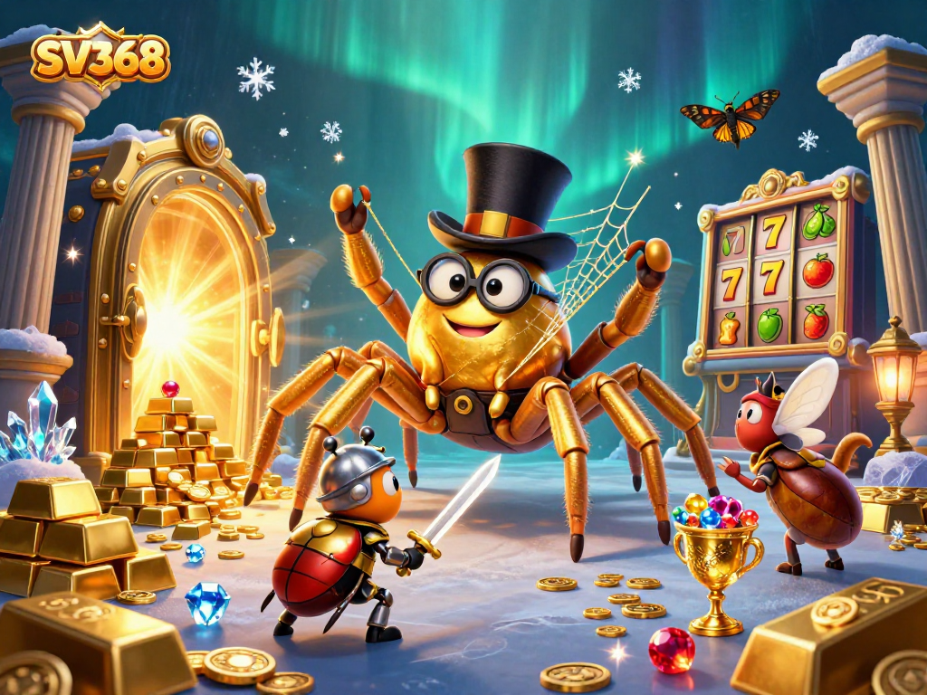 Engage with SV368's vibrant casino scene showcasing a golden tarantula, beetle knight, and slot elements.