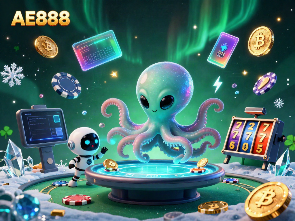 Experience the excitement of AE888 with a holographic poker table and alien characters amidst vibrant casino elements.