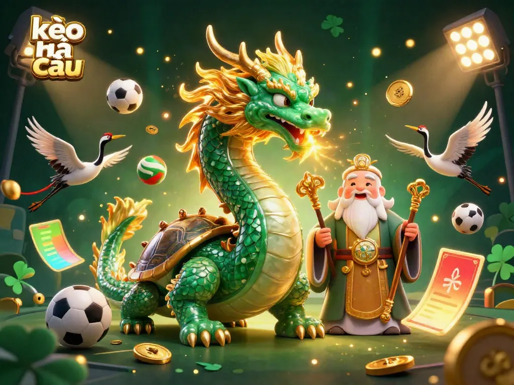 Visualize the dynamic energy of kèo nhà cái with an emerald jade dragon and 3D cartoon turtle sage surrounded by sports elements.