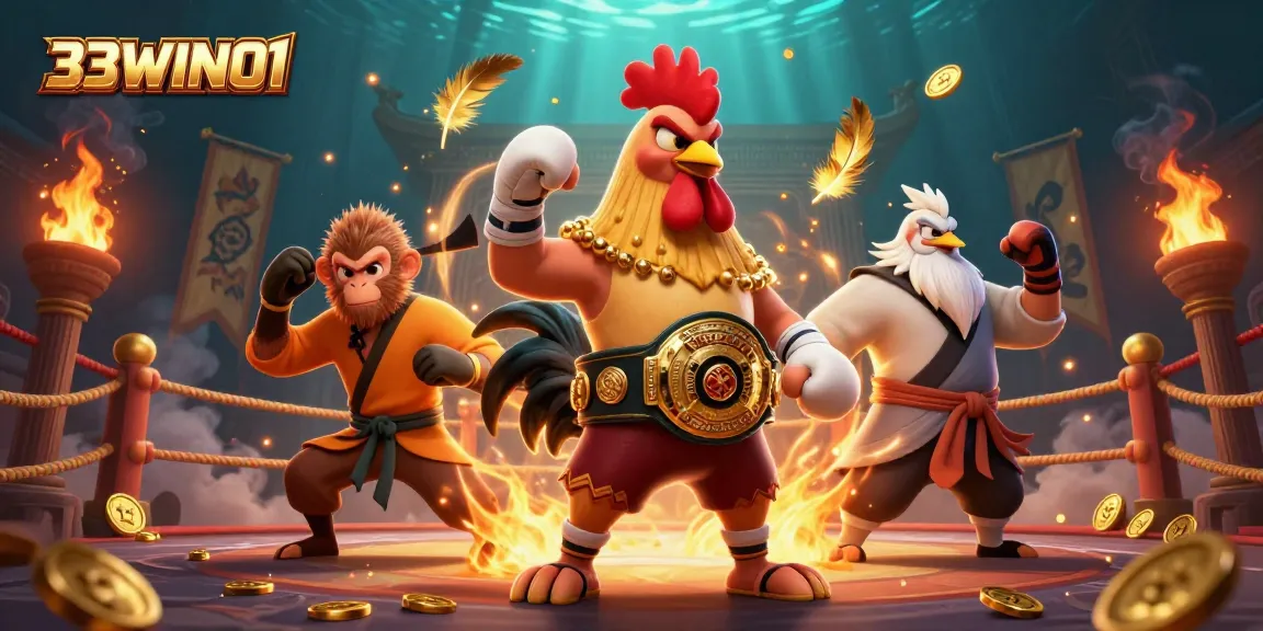 Engage with the thrilling 33WIN01 casino experience featuring action-packed illustrated characters and visual excitement.