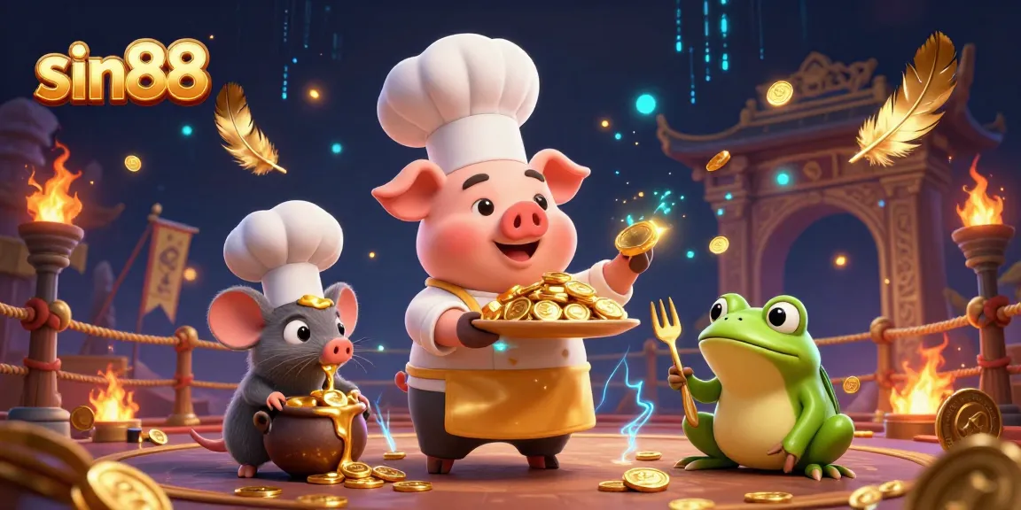 Experience sin88's exhilarating gold-laden casino scene with a chef pig and vibrant gaming elements.