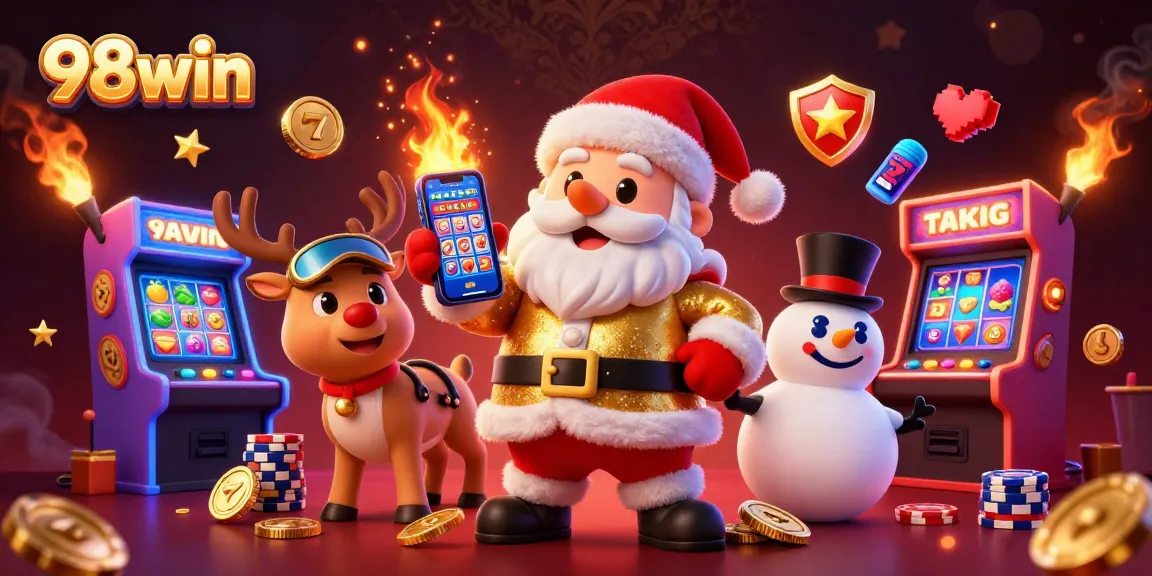 Experience the fun of jackpot slots with 98win through a festive 3D casino scene featuring Santa Claus.