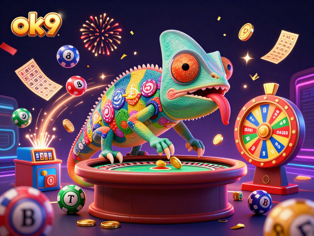 Engaging scene depicting ok9 with a colorful chameleon casino owner capturing golden coins, rich gambling elements abound.