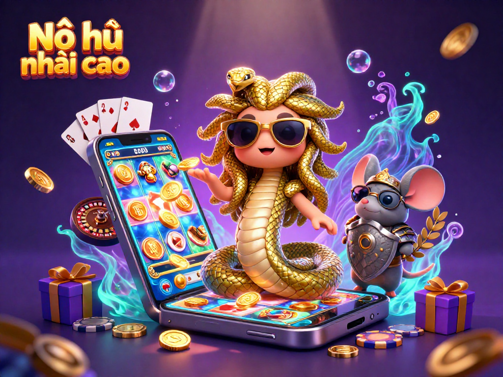 Nổ hũ nhảy cao gameplay with vibrant characters, spinning slot reels, and thrilling casino elements.