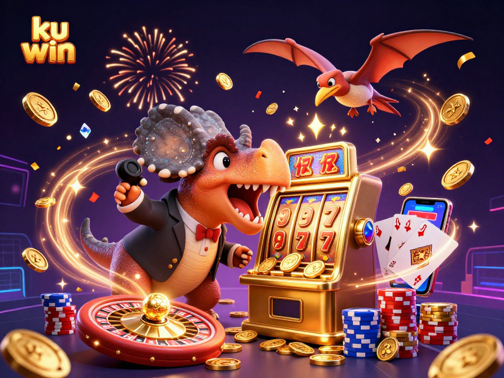 ku win slot machine scene with dinosaur characters celebrating jackpots and flying coins