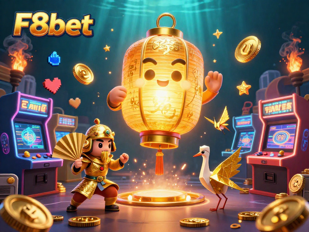 Experience thrilling gameplay with F8bet's vibrant 3D casino scene featuring golden lanterns and arcade excitement.