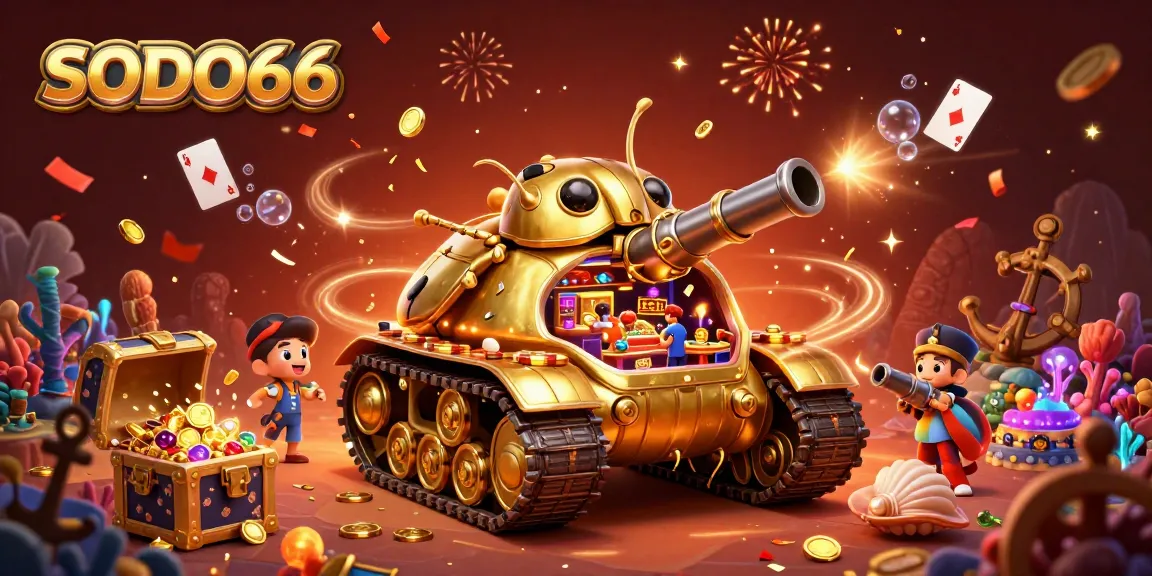 Experience exhilarating gameplay and luxury entertainment at SODO66 with festive elements surrounding a golden beetle tank casino.