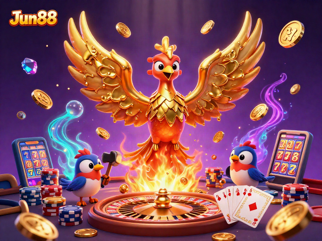 Experience the thrill of Jun88 with a molten phoenix surrounded by dynamic casino elements.
