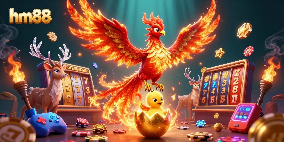 Experience the thrill of winning with hm88 through a vibrant casino scene featuring phoenixes and slot machines.