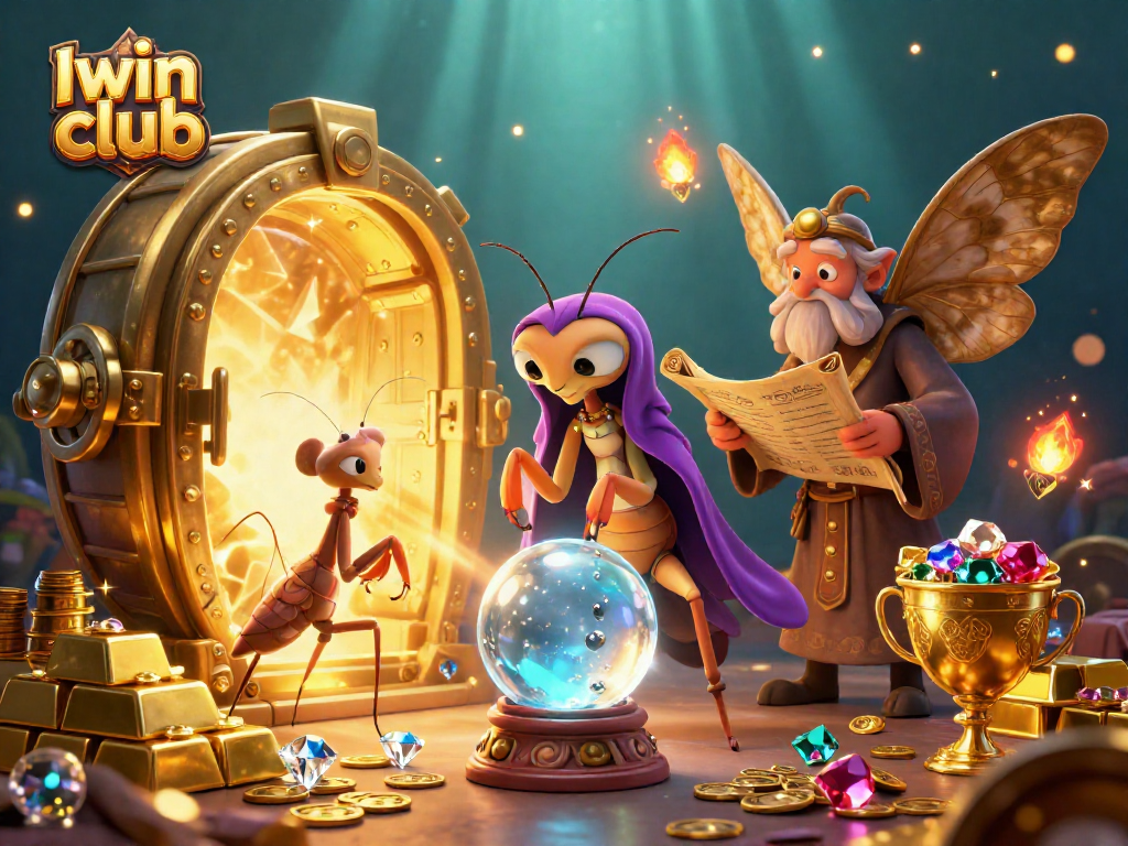Iwin club casino characters reveal fortune and treasures in a stunning 3D casino illustration