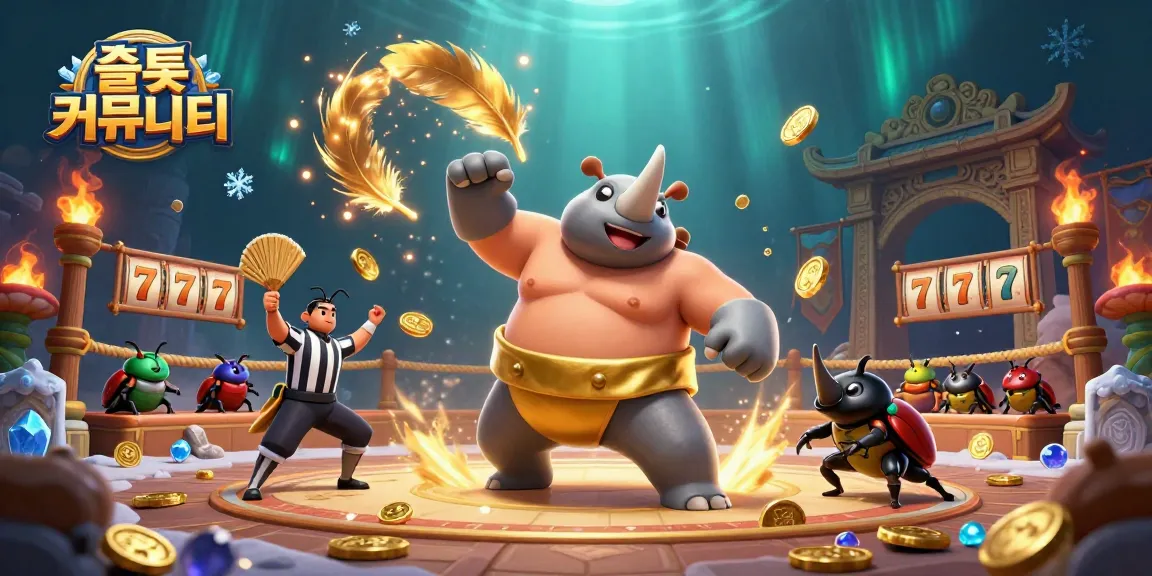 Engage in slots excitement at the 슬롯 커뮤니티, watching a 3D beetle champion compete amidst swirling gold coins.