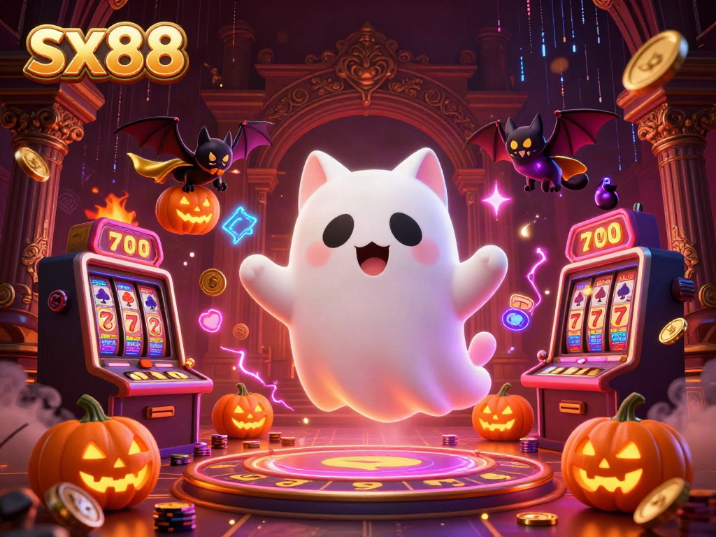 Experience thrilling gameplay with sx88 as a ghost cat and bat companion navigate a haunted casino.