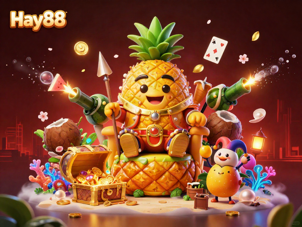 Experience thrilling gaming action at Hay88 with a colorful scene featuring the golden pineapple king and vibrant casino elements.