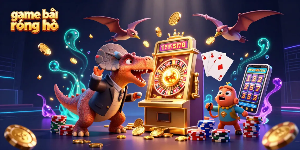 Experience the thrill with game bài rồng hổ as dinosaurs celebrate wins at the casino and lively slot machines.