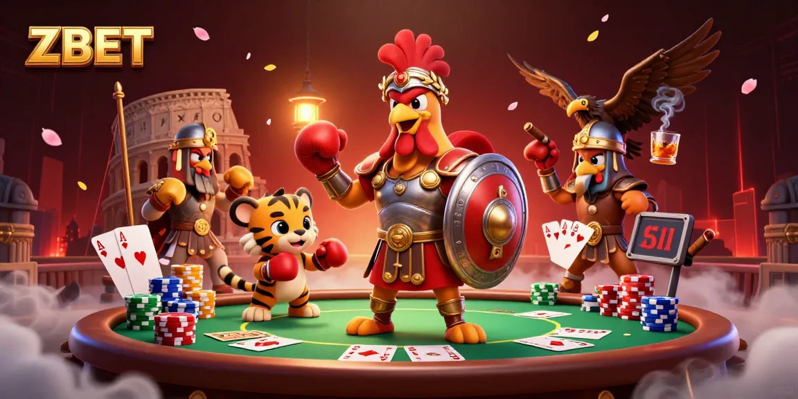 ZBET showcases an energetic scene with gladiator rooster, poker elements, and dynamic casino atmosphere.