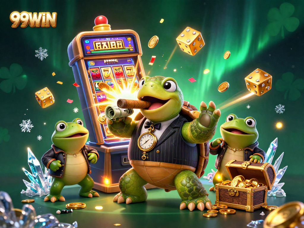 Experience the thrilling world of 99WIN slots with a vibrant, animated casino scene bursting with action.