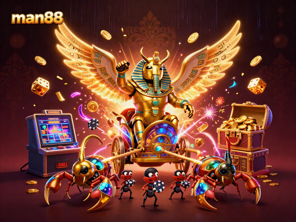 Experience thrilling gameplay at man88 with a vibrant casino scene featuring dynamic golden characters and exciting game elements.