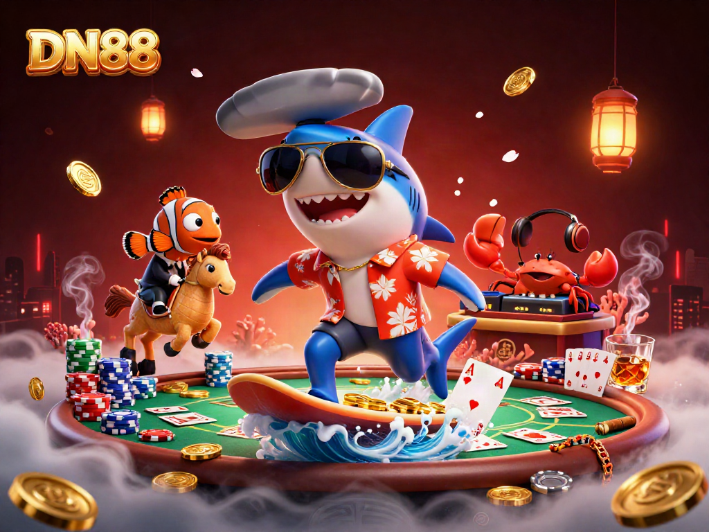 Surf with DN88 and win big in a vibrant casino scene with a hammer-head shark and festive elements.