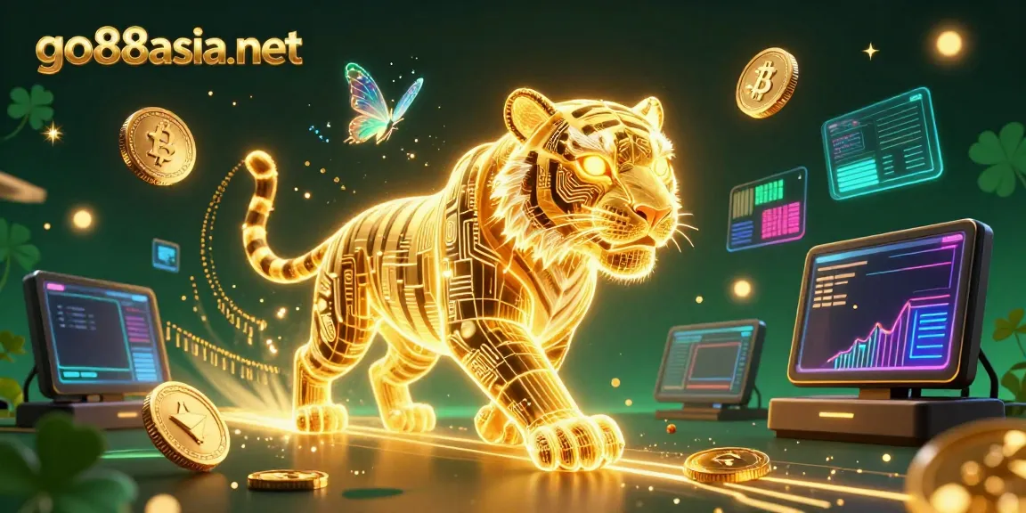 Engage in thrilling games at go88asia net with a neon-wireframe golden tiger in a digital casino.