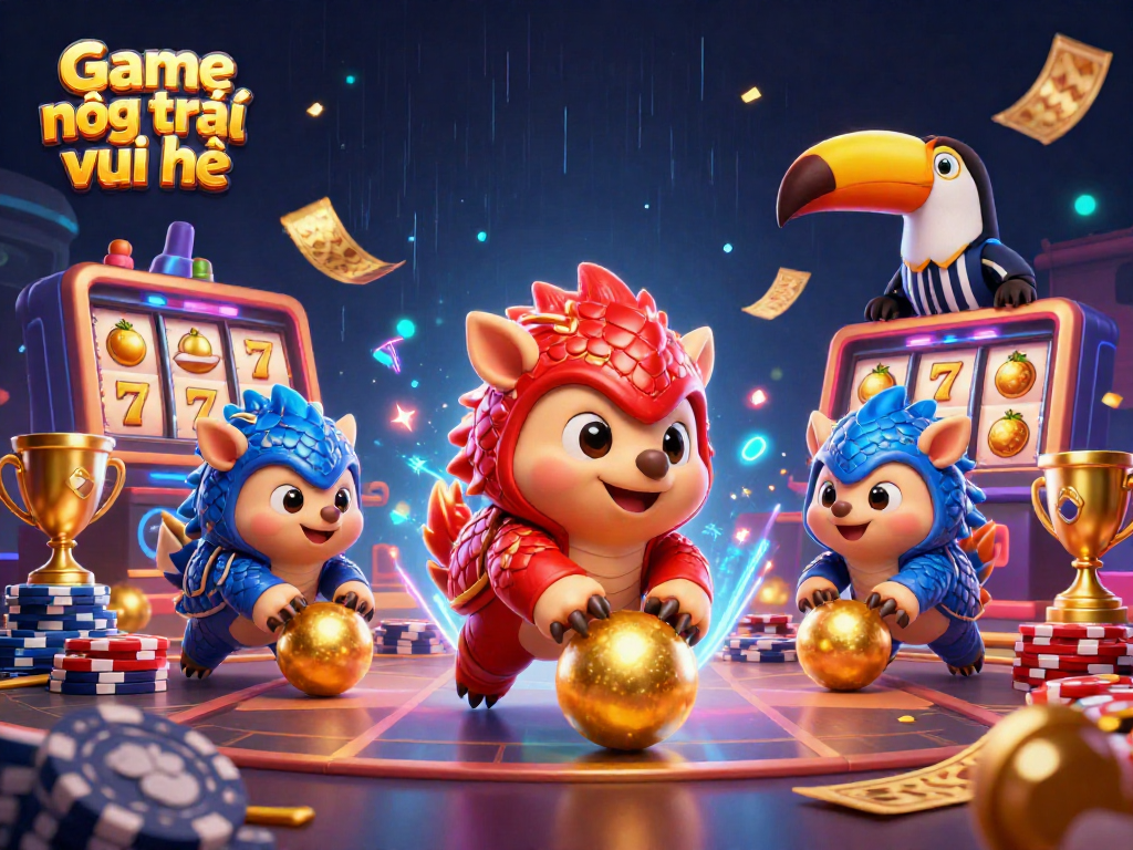 Game nông trại vui vẻ showcases a thrilling scene with animated pangolins engaging with stacks of poker chips and slot reels.