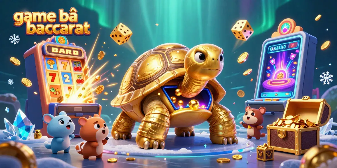 Play game bài baccarat with excitement as the golden tortoise and friends enjoy vibrant casino fun.