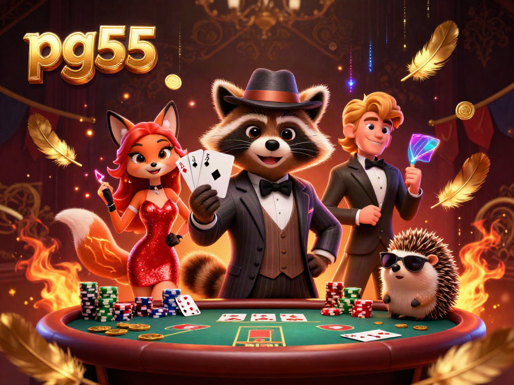 Play poker with pg55 featuring raccoon, fox, and hedgehog in an exciting 3D casino scene.