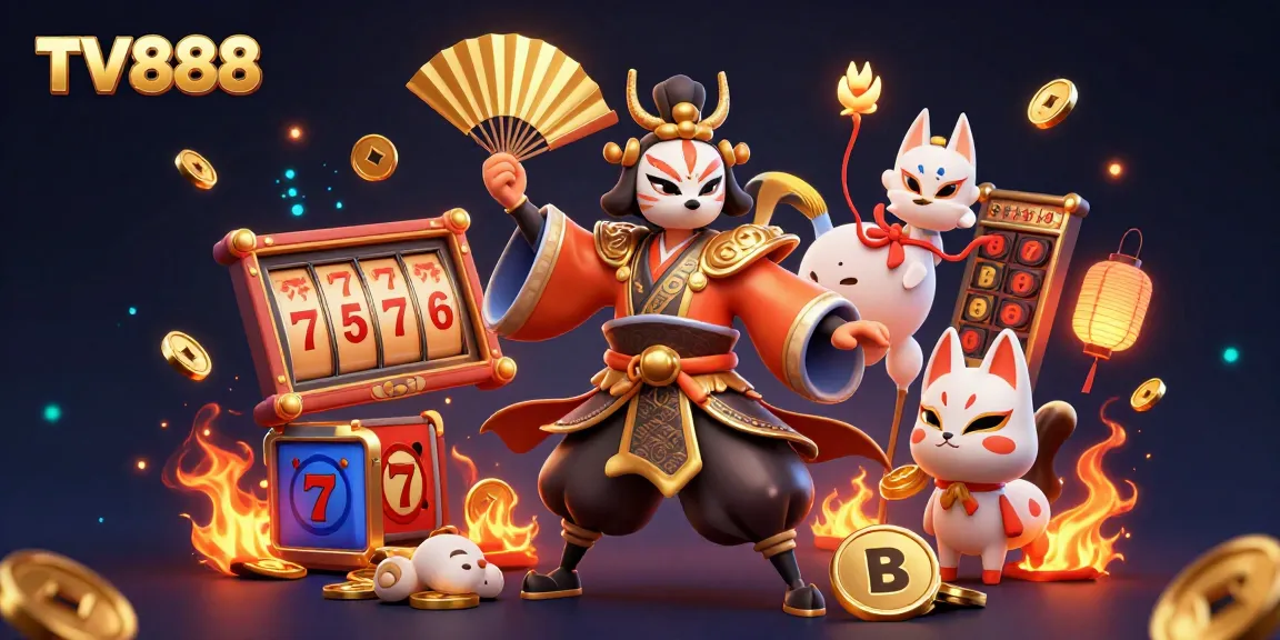 Engage in thrilling casino action with TV888's vibrant 3D kabuki warrior and gambling symbols.