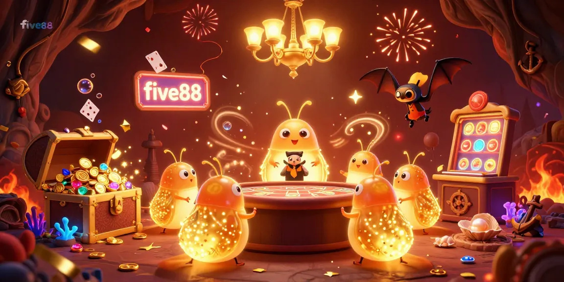 Join the excitement at five88 with glowworms lighting a vibrant cave casino scene animated with treasures and games.