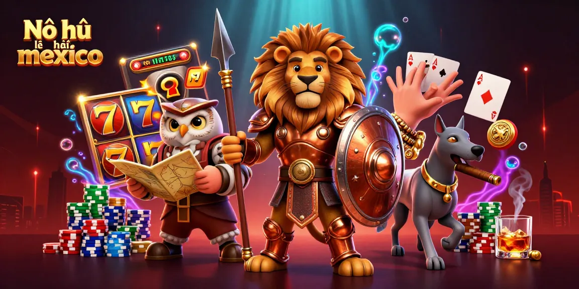 Nổ hũ lễ hội mexico slot reels spin as characters engage in a vibrant casino scene filled with chips.