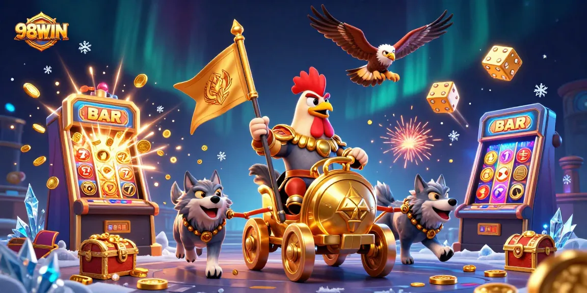 Engage in thrilling gaming with 98WIN’s vibrant chaos of slot machines and festive symbols.