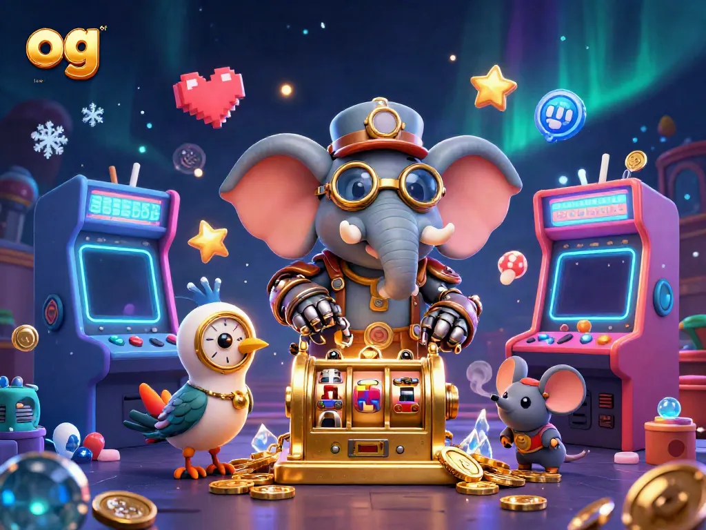 Experience the thrill of gaming with og (http: as a steampunk elephant enjoys a golden slot machine adventure.