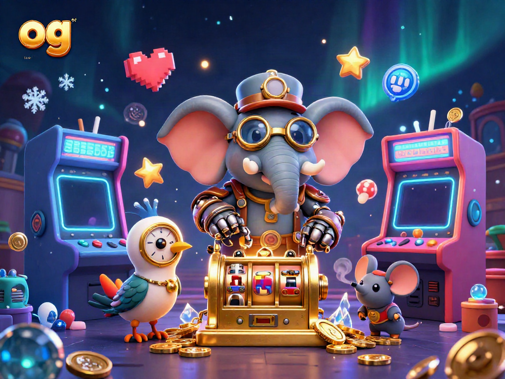 Experience the thrill of gaming with og (http: as a steampunk elephant enjoys a golden slot machine adventure.