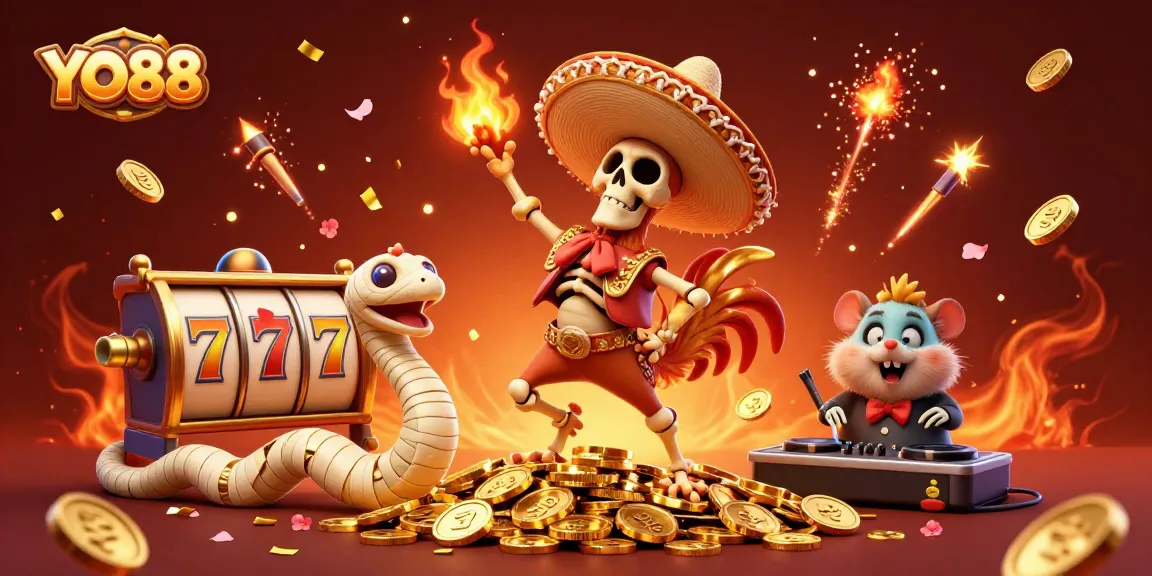 Celebrate wins at YO88 with vibrant 3D casino illustration featuring a mariachi rooster and lucky gaming elements.