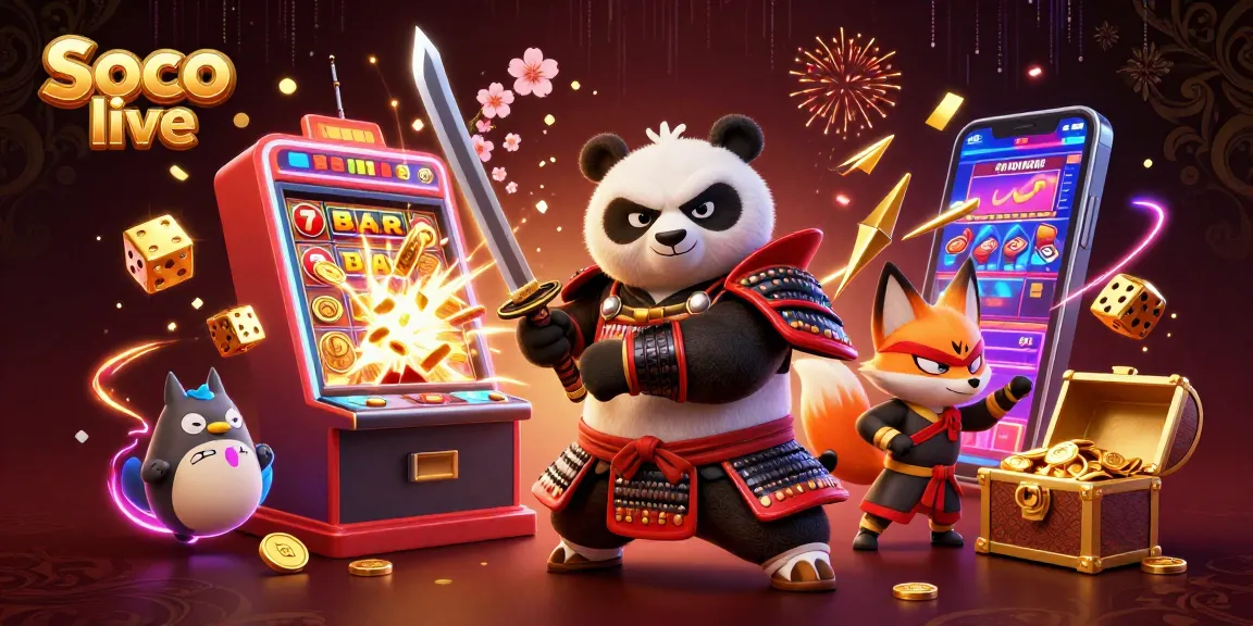 Soco live offers thrilling online gaming experiences with samurai panda and ninja fox amidst casino excitement.