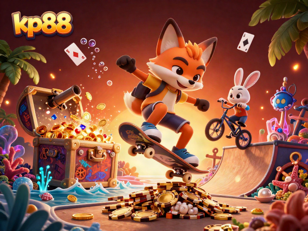 Experience thrilling gambling action at kp88 with vibrant 3D casino-themed illustration featuring dynamic characters and elements.
