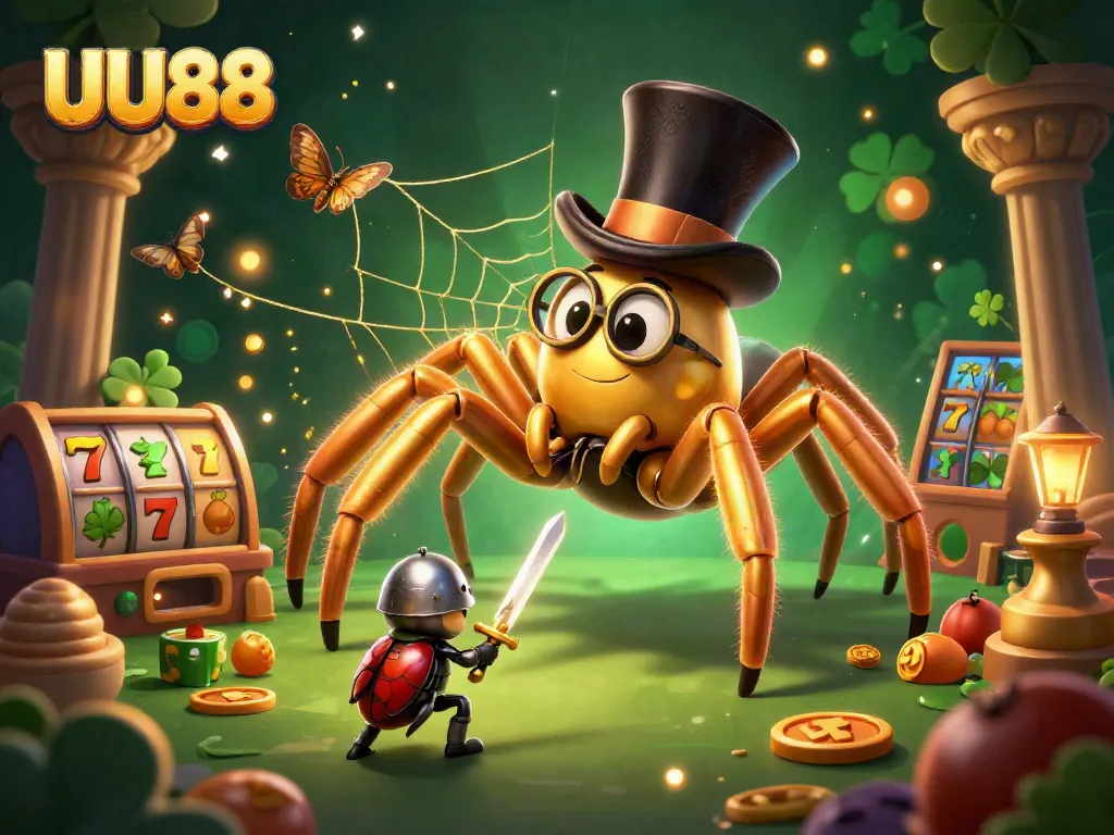 UU88 features a vibrant 3D casino illustration with a golden tarantula and slot elements capturing thrilling gameplay.